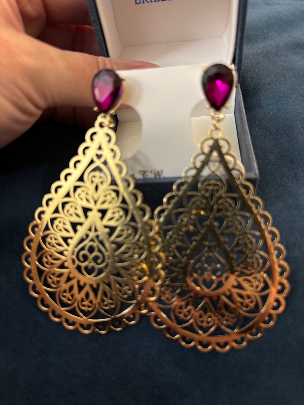 Gold Filigree Teardrop Earrings with Purple Gemstone